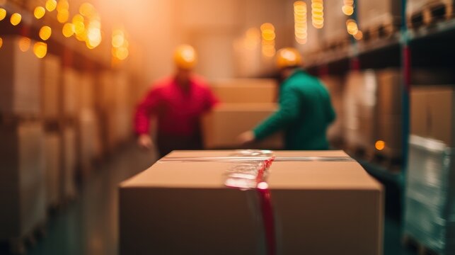 Workers handling cardboard boxes in a warehouse during evening hours