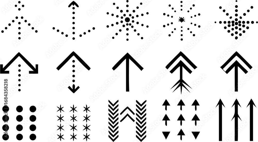 Poster vector illustration of various arrow designs and patterns including dotted arrows and star like form