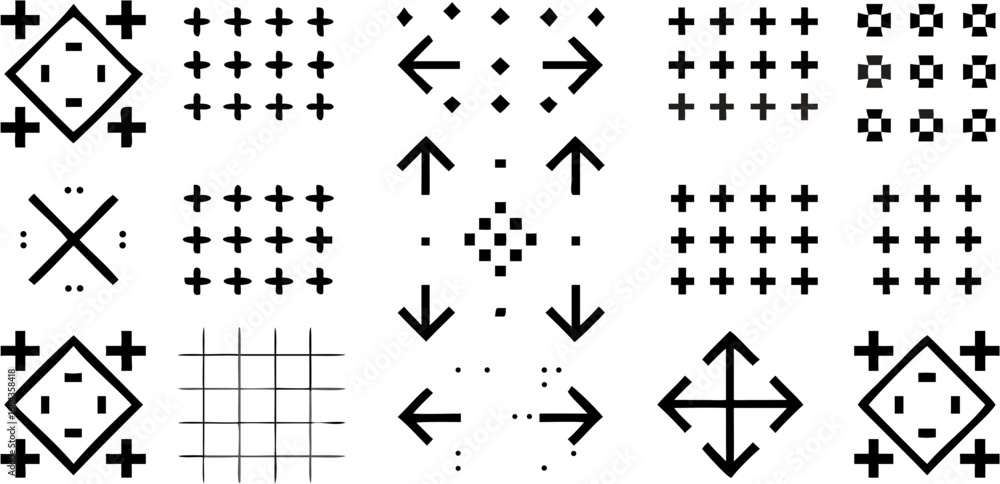 Poster vector a collection of geometric patterns featuring crosses arrows and squares arranged symmetricall