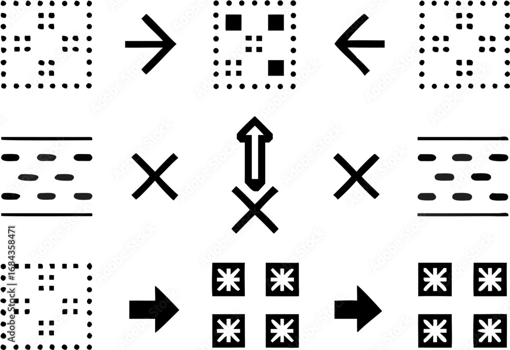 Poster vector diagram illustrating transformations of geometric shapes and patterns with arrows and crosses