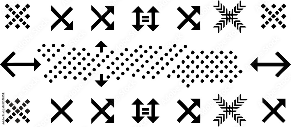 Poster vector black and white arrangement of arrows, dotted patterns, and cross shapes in a symmetrical com