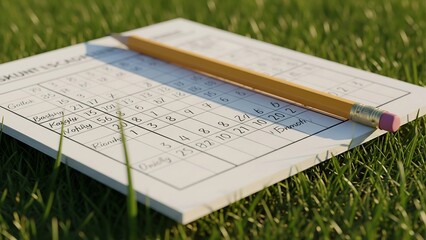 Close-up of a golf scorecard with pencil on green grass, lifestyle sports detail representing leisure, competition, and professional game documentation.