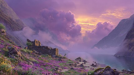 Mountain Valley With Pink Flowers At Sunset