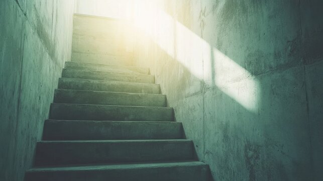 Stairs leading to light in a minimalistic concrete space during daylight