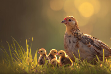 Obraz premium quail with their chicks around, meadow background, soft golden sunlight, ultra realistic style