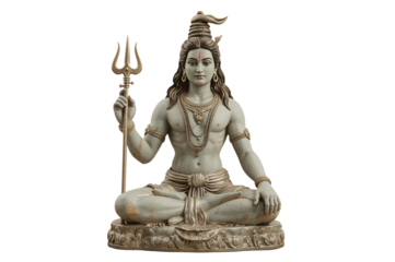 Seated Shiva statue, trident, studio, isolated, Hindu deity