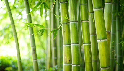 Obraz premium Lush green bamboo stalks stand tall in a vibrant natural setting.