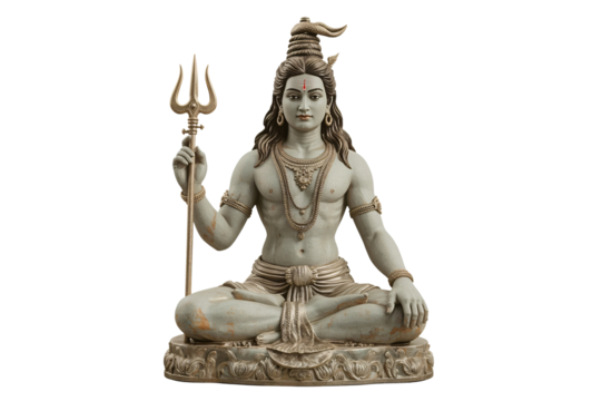 Seated Shiva statue, trident, studio, isolated, Hindu deity