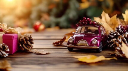 Miniature car decorated with gifts and autumn leaves for festive season