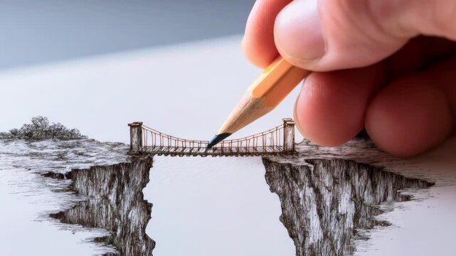 Hand drawing a detailed sketch of a bridge over a chasm, showcasing artistic talent and creativity