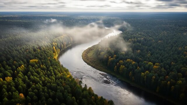 Aerial view of a winding river flowing through a dense forest with fog patches.