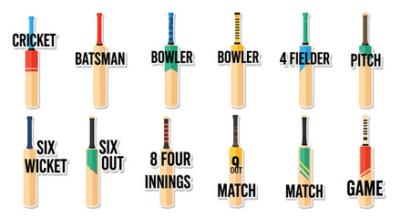 A graphic illustration showcasing various cricket bat designs, each labeled with a specific role or aspect of the sport, perfect for sports-related educational materials.