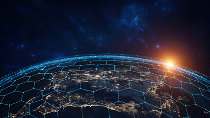 Global network protecting Earth with futuristic grid over city lights at night