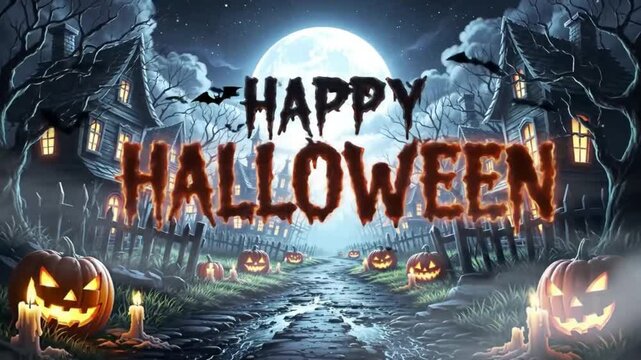 A spooky 'Happy Halloween' greeting with fiery text and a flaming pumpkin inside a haunted house frame, perfect for festive party invitations