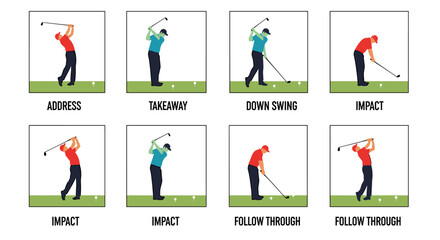 Illustrated golf swing sequence diagrams showcase the different stages of a golf swing, demonstrating the address, takeaway, downswing, impact, and follow-through phases.