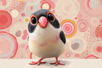 Obraz premium Cute cartoon Java sparrow, big expressive eyes, small round body, colorful cheerful background, charming illustration