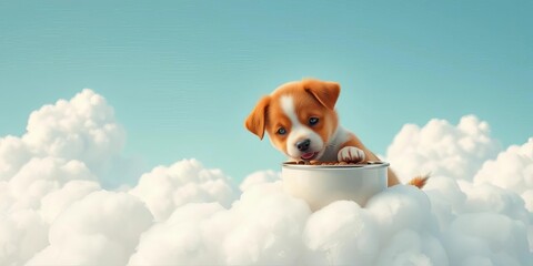 Whimsical cloud scene, playful pup happily eating from bowl Minimalist icon style,   illustration,  gigapixel