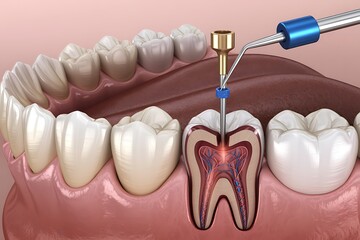 The dentist uses an instrument for dental root canal in a crosssectioned tooth