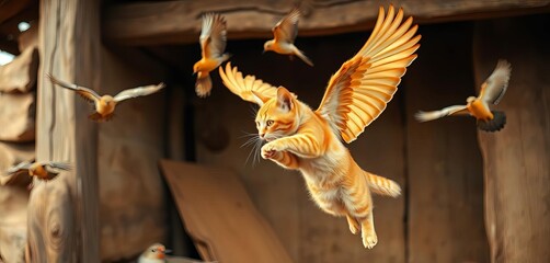 Obraz premium Winged ginger cat playfully pursues birds mid-flight, rustic setting, rustic, summer