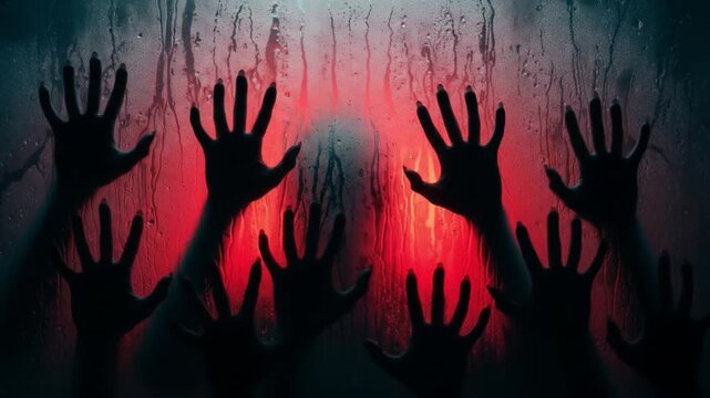 Silhouettes of desperate, ghostly hands pressing against a steamy glass pane with a deep red light, creating a truly terrifying horror visual
