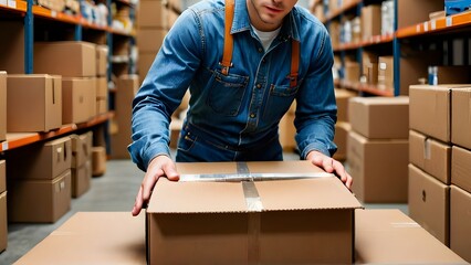 Dedicated warehouse worker carefully seals a cardboard package amidst shelves stocked with merchandise, ensuring efficient logistics and inventory management for smooth operations.