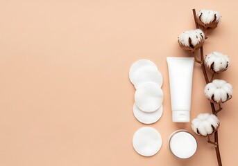 White cosmetic tube and jar with cotton flowers and pads arranged on peach background
