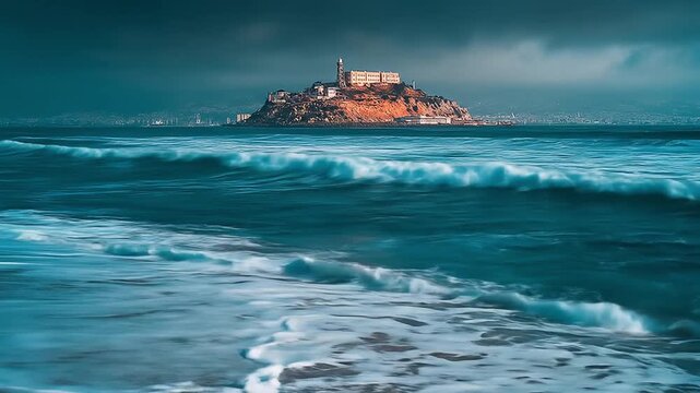 Waves Crashing on Shore with Alcatraz Island in the Background During Daylight