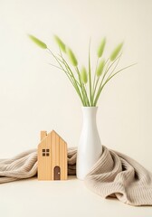 Wooden house, white vase with green spikelets, and beige knitted scarf create cozy atmosphere