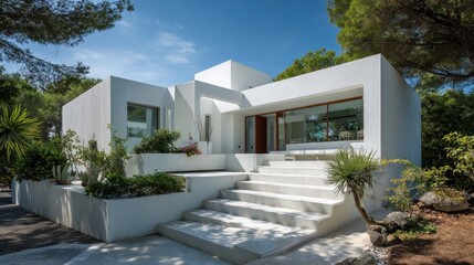 Fototapeta premium Modern White Villa Architecture in Sunny Mediterranean Landscape