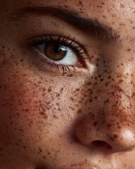 Focus on the Latin skin with freckles and natural dark spots.