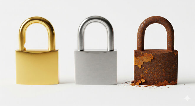 Collection of Three Padlocks: New Golden, New Silver, and Old Rusty, on an Isolated transparent background