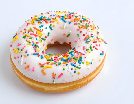 Delicious round donut with smooth white icing colorful sprinkles on top and a golden crispy base isolated on a white background perfect for sweet treats and desserts