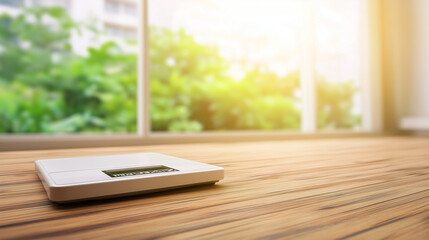 Weigh Scales on Wooden Floor, Close-Up with Soft Morning Light, Healthy Lifestyle Concept Featuring Natural Textures, Warm Inviting Atmosphere