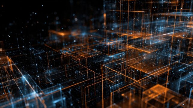 Futuristic geometric patterns with glowing lines in blue and orange tones, creating an abstract digital landscape of interconnected data structures