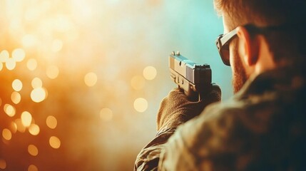 Shooter aims a handgun at an outdoor range during a sunset session
