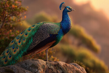Obraz premium Elegant peacock standing on a rock, cinematic golden hour, detailed feathers glistening in the light, realistic style