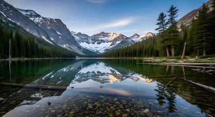 Serene mountain lake reflects snow-capped peaks and lush forest under clear blue sky
