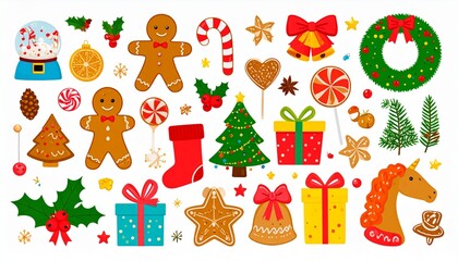 Christmas and Happy New Year items collection. Santa Claus, Christmas tree, snowman,p