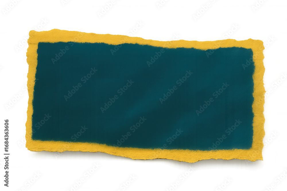 Poster teal paper torn with yellow border, creating textured frame against transparent backdrop, adding vin