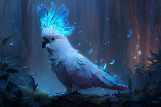 fantasy cockatoo with glowing crest, mystical enchanted forest, magical aura, concept art style