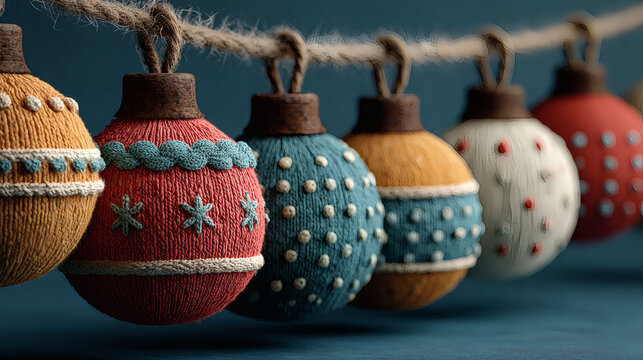 Christmas ornament elements hanging on a blue background --ar 16:9 --s 750 --c 20