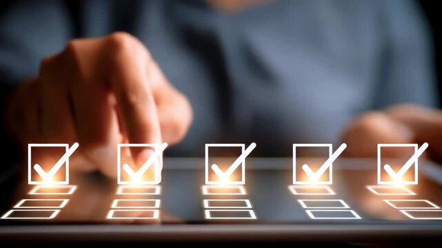 Person interacting with a digital checklist on a tablet, highlighting tasks completed in a cozy setting