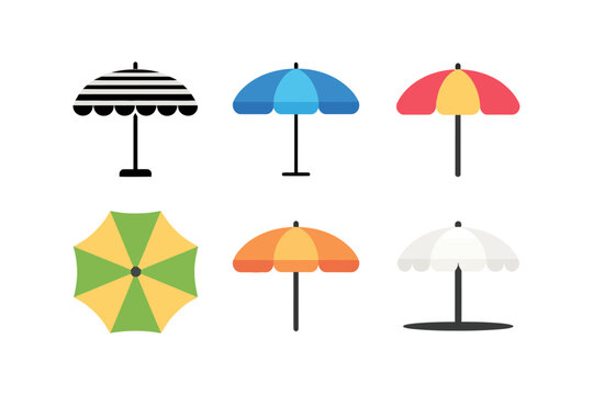 Sun umbrella collection with striped canopies, garden and beach styles, round and hexagonal tops, vacation shade icons, travel graphics, editable colorful vector