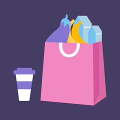 Colorful Shopping Bag Filled With Fresh Fruits And Vegetables And A Drink Cup Vector Illustration