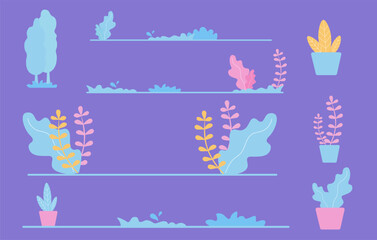 Colorful Plant Illustration Set Collection In Pots And Natural Settings On Purple Background