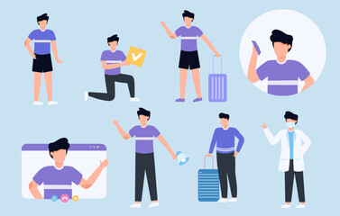 Vector Illustration Set Collection of a Character in Various Poses and Settings with Digital Elements