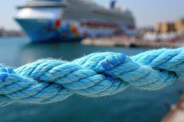Fototapeta premium Close-up of bright blue rope, blurred cruise ship in background