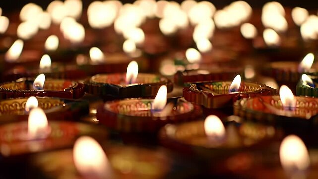 Diwali Festival of Lights background: Traditional lit clay diyas. Golden bokeh, Deepavali, Indian culture, Hindu festival, Happy Diwali greeting.