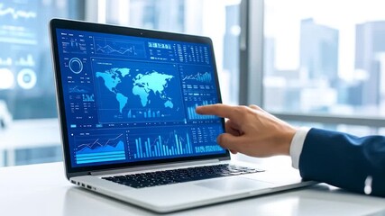 Data analysis on a laptop screen with graphs and a world map, a hand points to the display - Powered by Adobe
