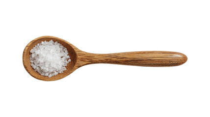 Obraz na płótnie Canvas Top view of wooden salt spoon with seasoned salt isolated on a white background